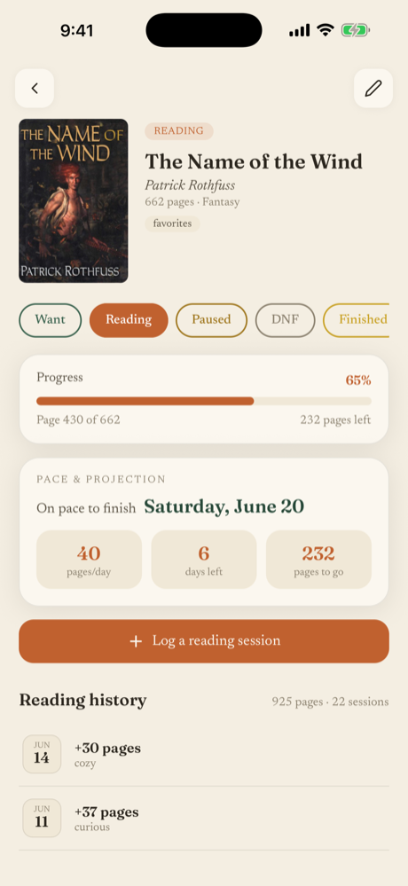 Book detail — pace and finish-date projection