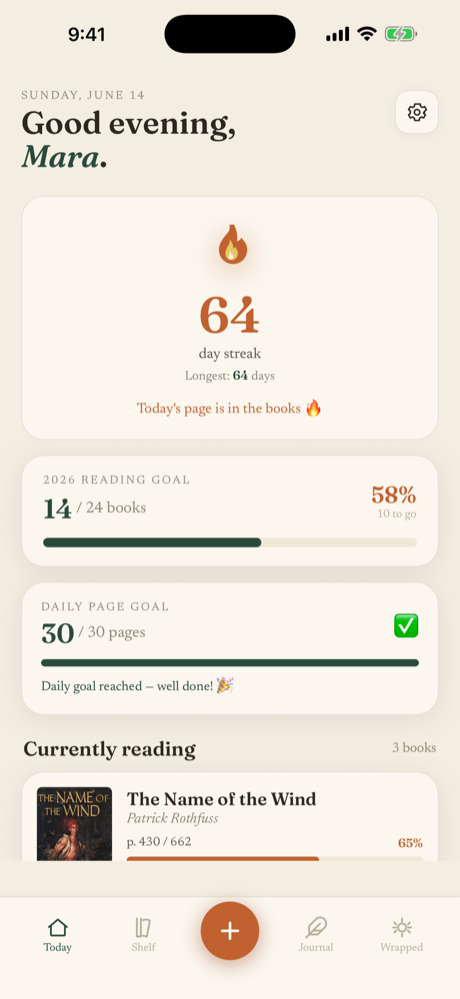 Folio Today screen — a 64-day reading streak and daily goal met